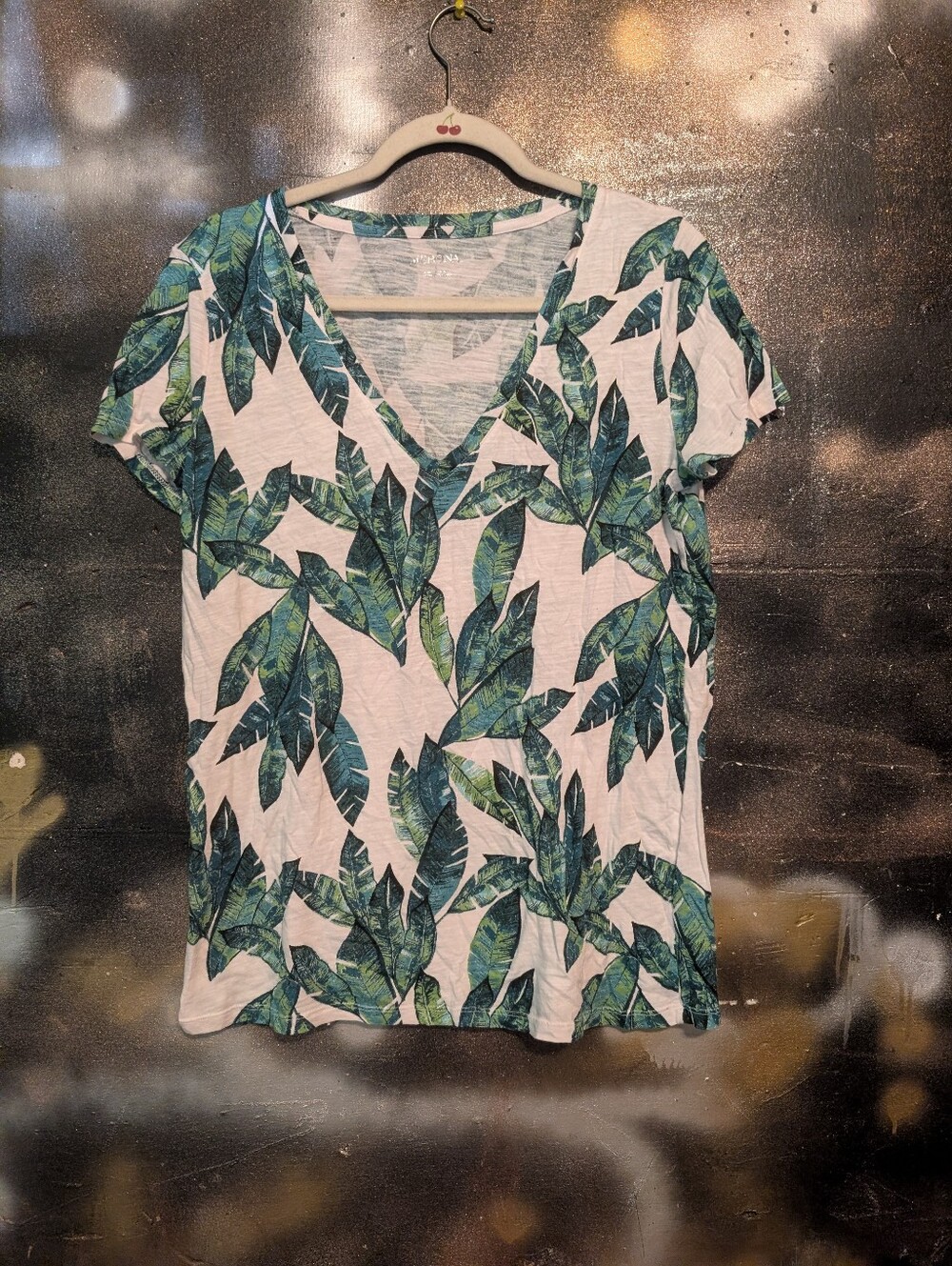 Merona White V-Neck Tee with Green Tropical Leaf Print
